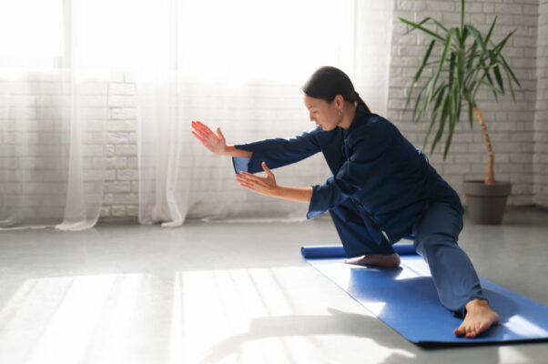 an image of a chinese woman practising tai chi indoors on a yoga mat